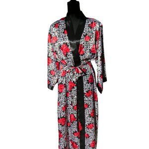 Vintage Black Satin Floral Robe with Red Rose Print - Size Large